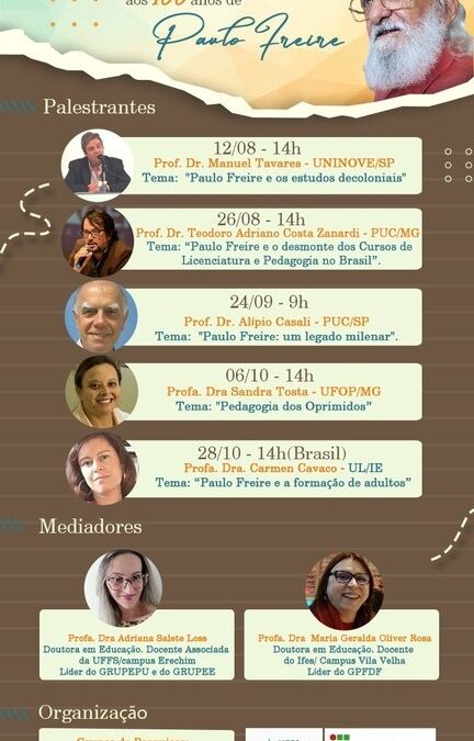 Grupos de pesquisas promovem lives sobre Paulo Freire